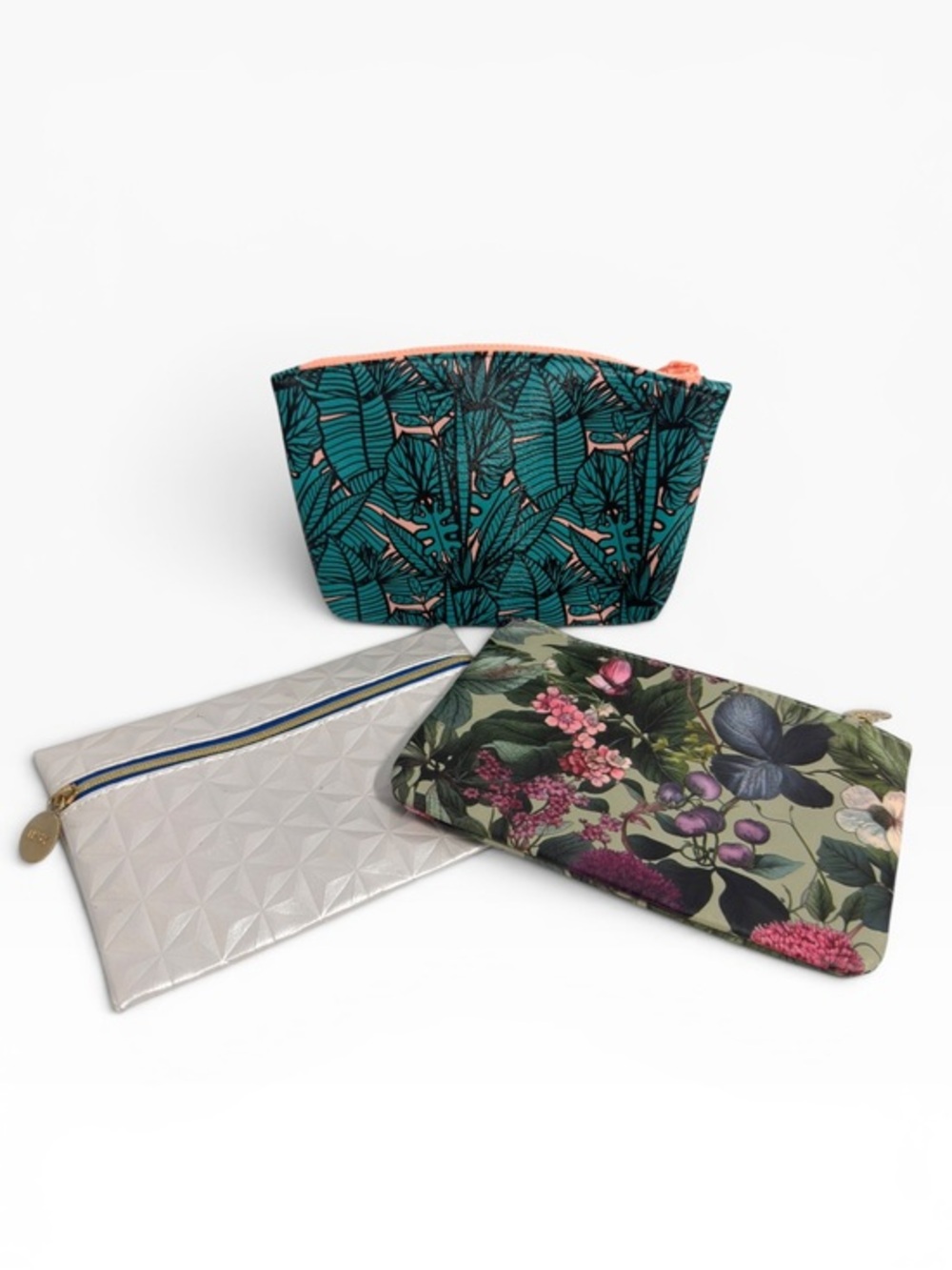 Ipsy Glam Bag Makeup Cosmetic Pouch Lot of 3 Floral Tropical Silver Zip Bags